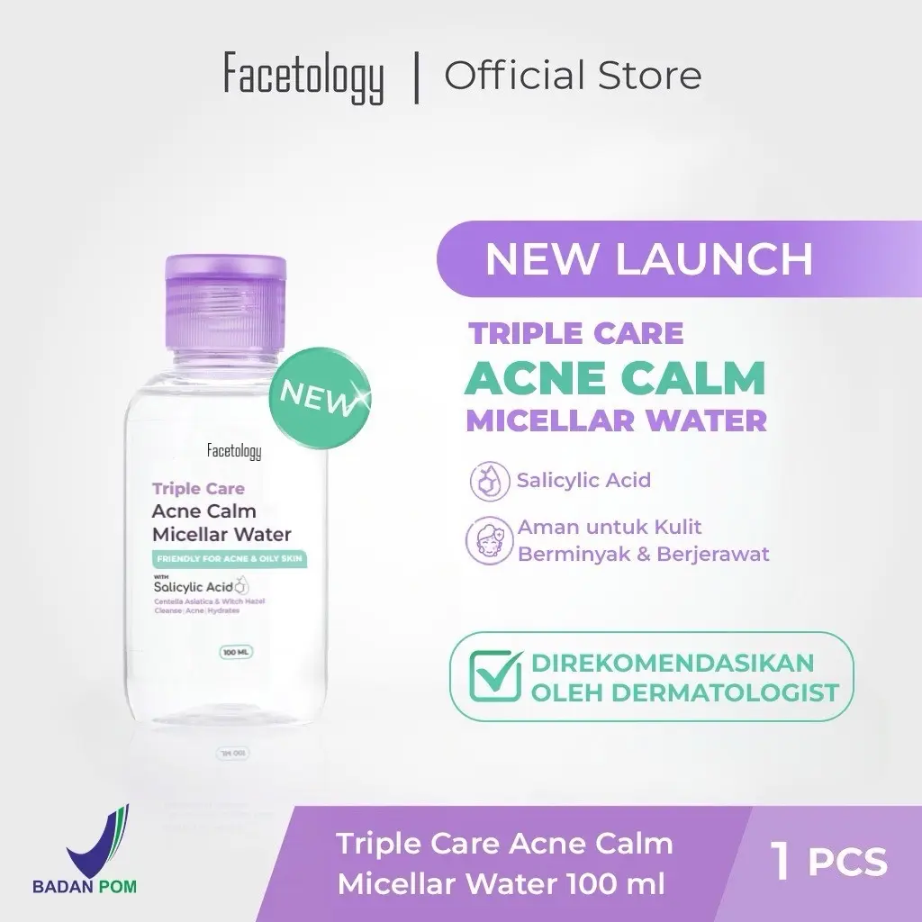 ￼Facetology Triple Care Acne Calm Micellar Water 100ML Pembersih Wajah Salicylic Acid untuk Kulit Berjerawat dan Berminyak