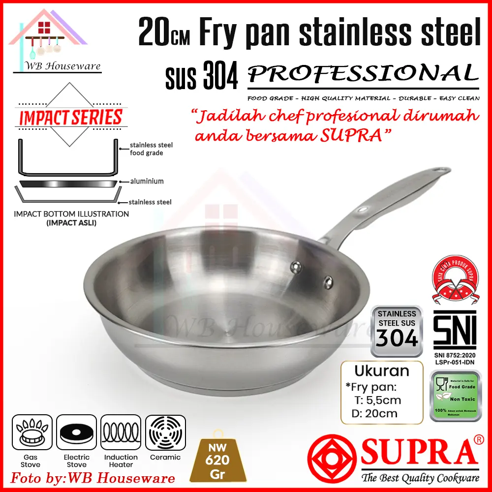 SUPRA panci fry pan 20cm Stainless Steel SUS 304 Impact bottom professional cookware series / peralatan masak