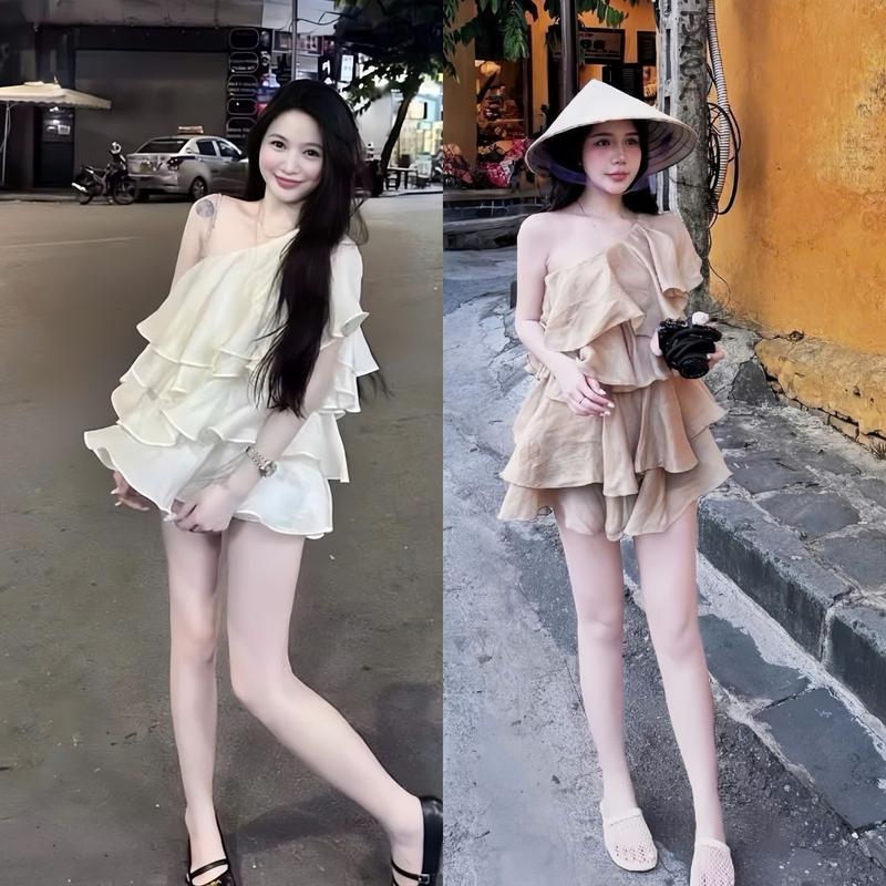 Đầm váy nữ tiểu thư babydol thiết kế lệch vai xếp tầng [Có Lót] với tone 2 màu sang chảnh dành cho các nàng diện đi chơi, đi tiệc.
