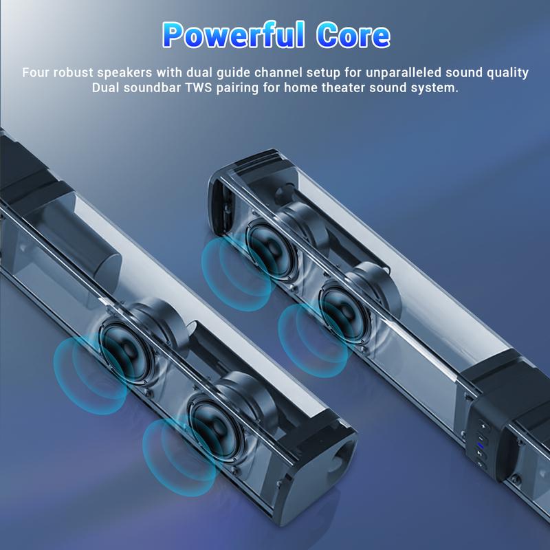 Small Bluetooth Sound Bar for TV, PC Speakers Soundbar 20W, Computer Soundbar for Monitor with USB, TF, FM, TWS, RCA & AUX Playback, 2000mAH Battery, Detachable 2