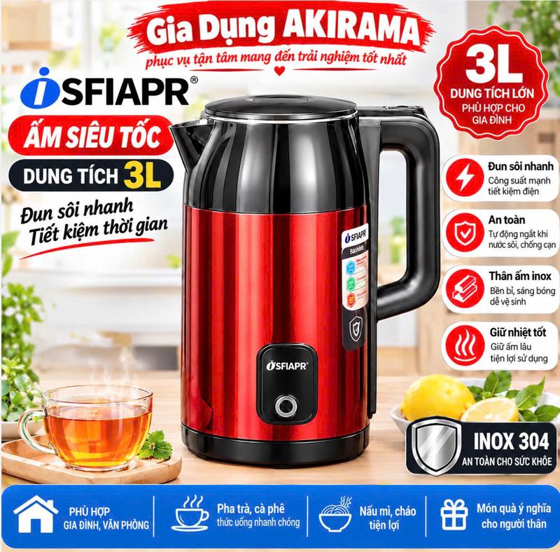 | Hàng Loại 1 |Ấm Siêu Tốc Đun Nước Cao Cấp Inox 304, Dung Tích 3L Siêu Lớn, Tự Ngắt Khi Nước Sôi, Công Suất 1500W