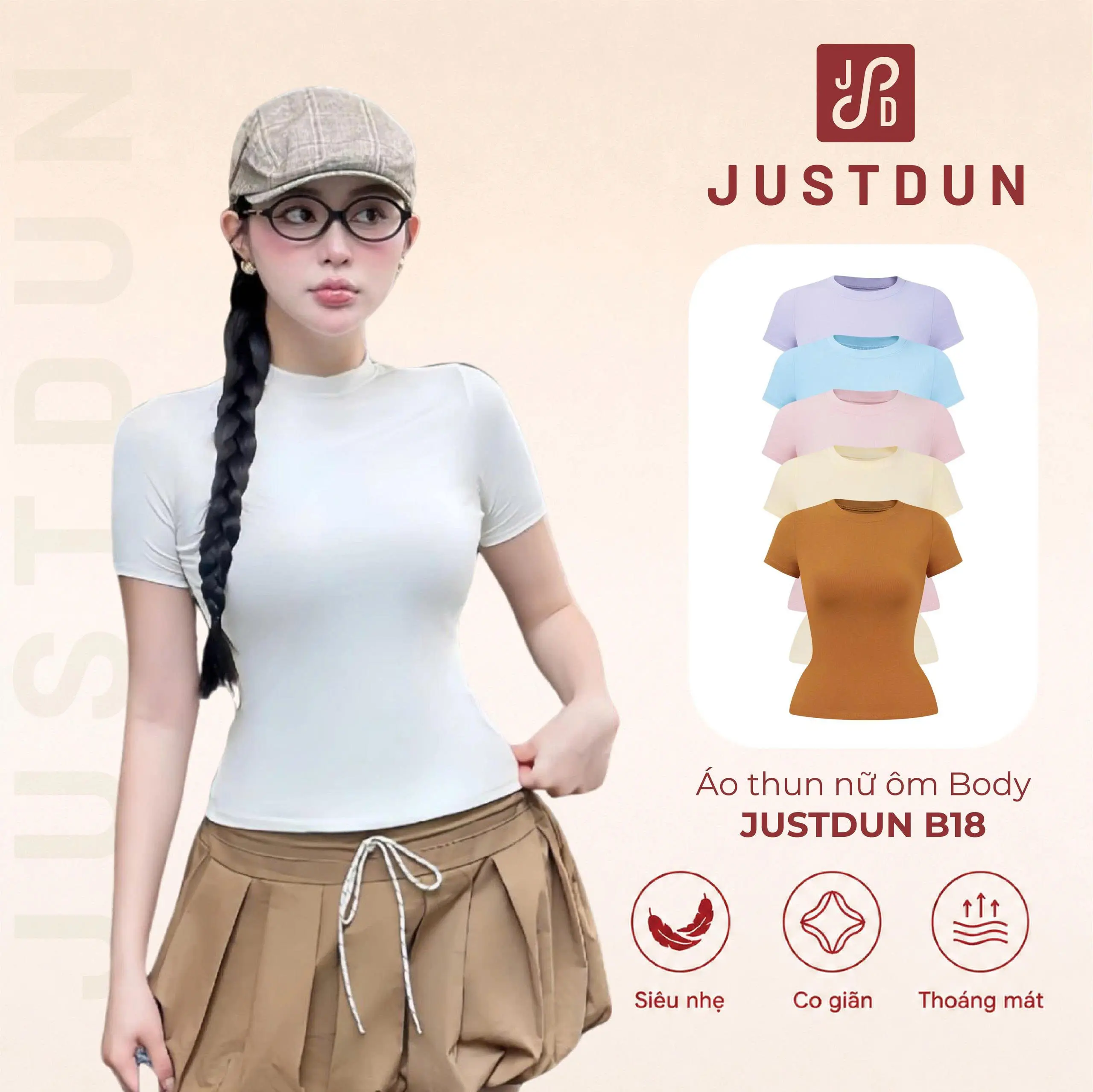 JUSTDUN Áo Thun Nữ Ôm Thắt Eo Body JUSTDUN B18 Cổ Tròn Tay Ngắn, Cotton Mịn Co Giãn 4 Chiều, Mềm Mại Thoáng Khí.