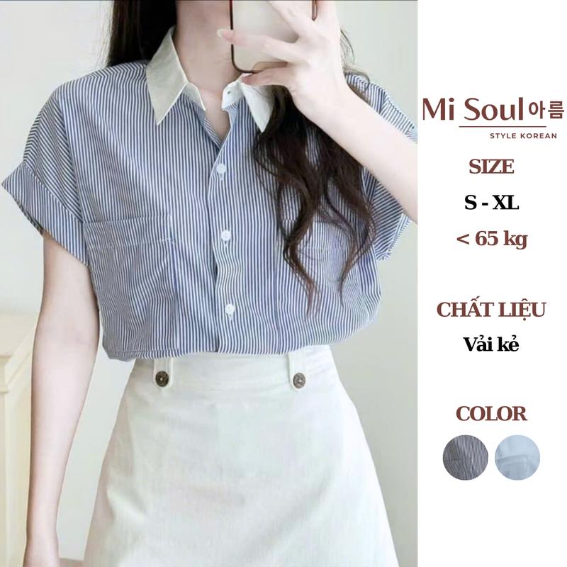 Áo Sơ Mi Kẻ Phối Cổ Trắng Tay Hến Mix Túi Trước Thanh Lịch BigSize, Áo Sơ Mi Cổ Phối Tay Áo Gấp Gấu MiSoul 407