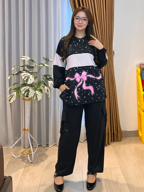 Setelan Cargo Lengan Panjang Oversize Terbaru LD 120 CM Setelan Wanita Atasan Lengan Karet dan Celana Cargo Fashion Muslim SR5632 3
