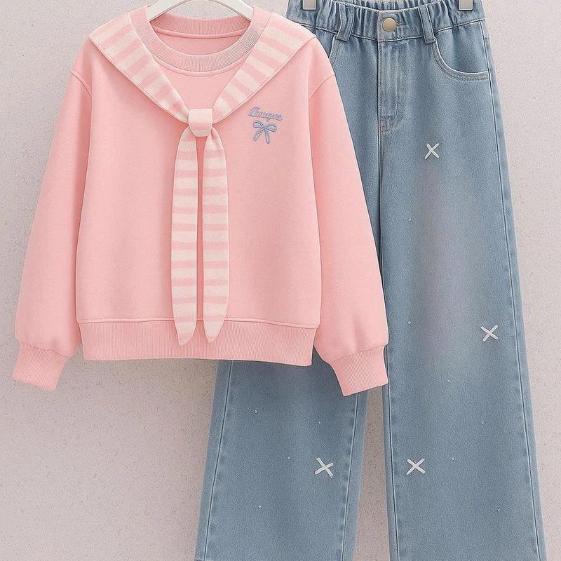 Sét Áo Nỉ Nơ Kẻ Mix Quần Jean Dáng Xuông Siêu Hách Dáng Phong Cách Mới Lạ Cho Bé Gái Chất Liệu Jean Cao Cấp Mềm Mại An Toàn Cho Da
