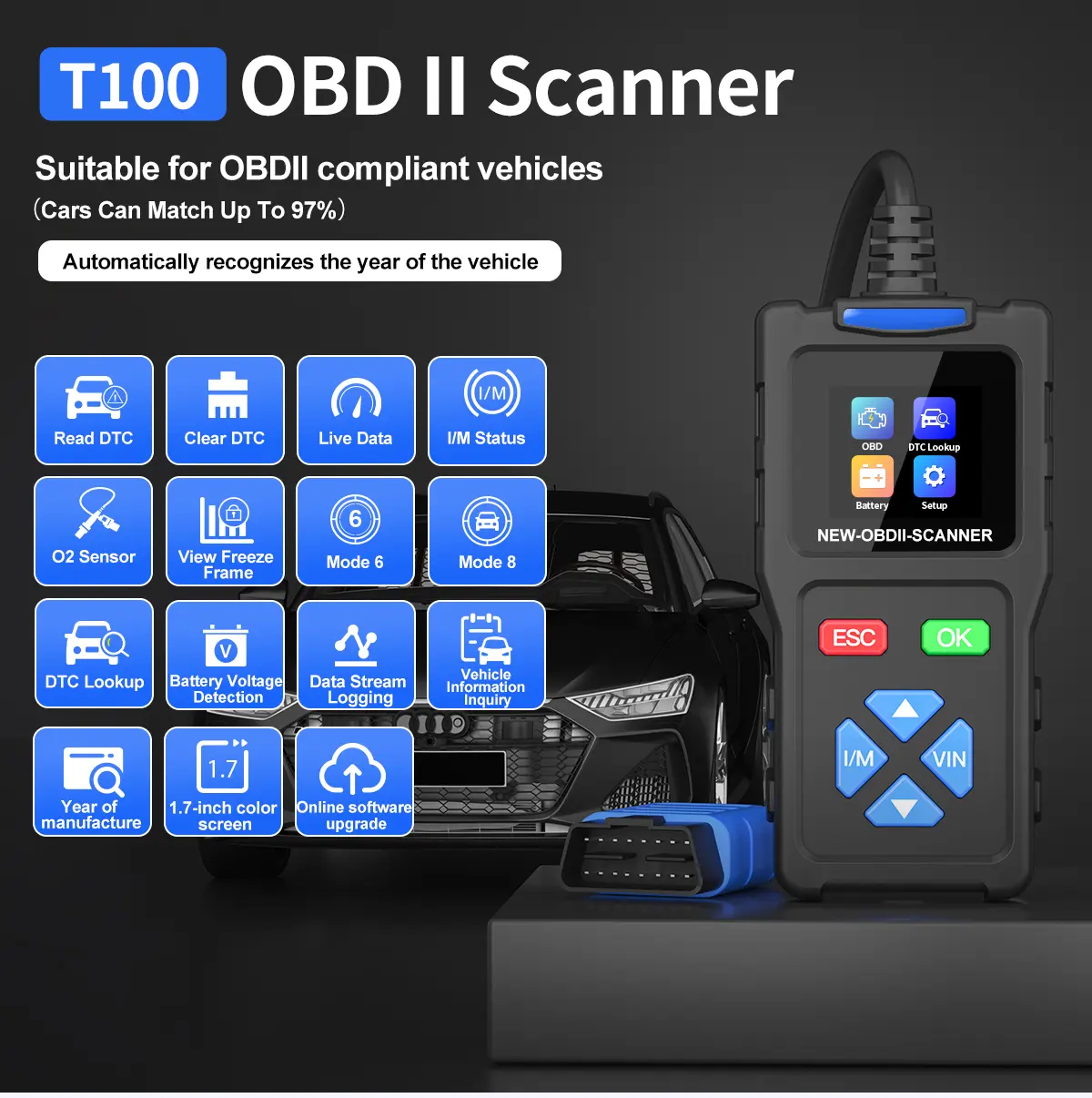 Lensent JDIAG T100 Universal Obd2 Scanner Car Scanner Car Diagnosis Odb2 Car Diagnostic Tool OBDII Car Diagnostic Scanner ECU Scanner Automotive Scanner Meter PK ELM327