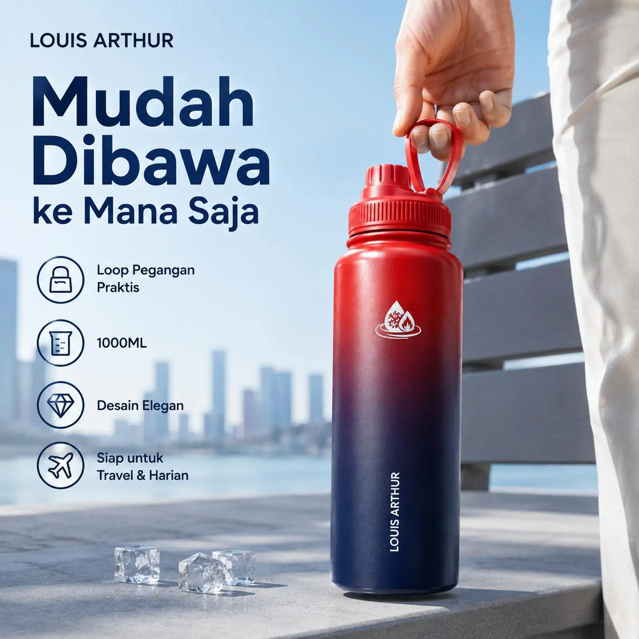 LOUIS ARTHUR Tumbler Stainless Steel 304 1000ML 1 Liter Botol Minum Vacuum Termos Aesthetic Tahan Panas 12 Jam Tahan Dingin 24 Jam Anti Bocor dengan Handle Portable untuk Olahraga Gym Kantor Kampus Travel