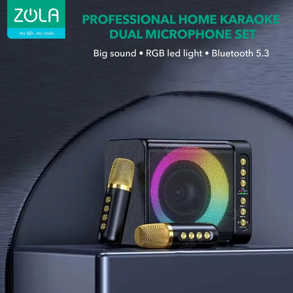 Zola Speaker Microphone Karaoke Set 2 Mic Bluetooth Portable Full bass Hitam Mikrofon