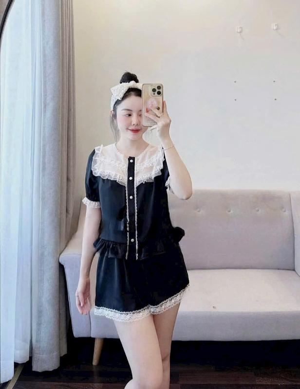 N338- Pijama cộc đùi tiểu thư bèo viền ren cho nữ mặc nhà - Bộ ngủ mặc nhà hàng quảng châu cao cấp cho nữ (women)
