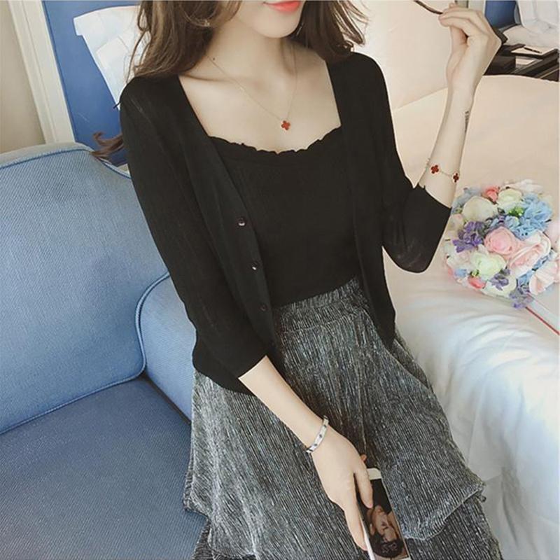 Product Introduction of Ice silk knitted cardigan short jacket for women in spring, autumn, and summer, thin outer layer, shawl with suspender skirt, sun protection top Knitwear Womenswear Lingerie Comfort 9