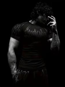 Camiseta de gimnasio unisex de manga corta, diseño entallado para músculos con alta elasticidad, patrón geométrico, ropa deportiva transpirable y de secado rápido