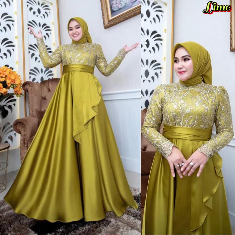 Product Introduction of Dress Pesta Satin Roberto Mix Brokat / Gamis Keluaran Terbaru / Dress Aplikasi Brokat / Dress Wanita Jumbo / Azura Maxy Dress Kondangan Mewah 1