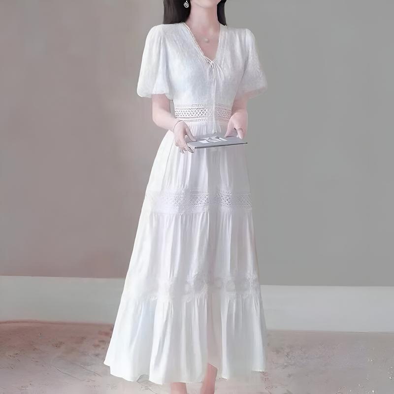Váy Đi Đám Cưới Đơn Giản Trẻ Đẹp Đầm Maxi Dài Cotton Lụa Tay Phồng Thêu Họa Tiết Sang Trọng Nữ Voi Dress Màu Trắng Women Nhung Sen Voan Maxi