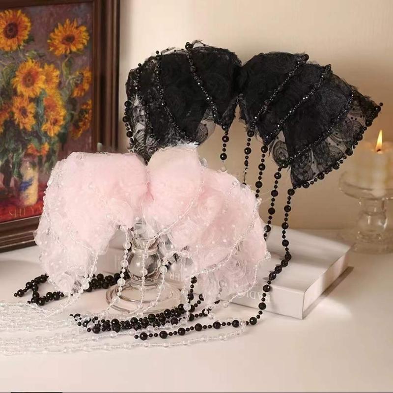 Nơ Cài Tóc Đính Cườm Phong Cách Thanh Lịch, Phụ Kiện Tóc Ren, Với Sợi Dây Chuyền Tua Rua Dài, Kẹp Tóc