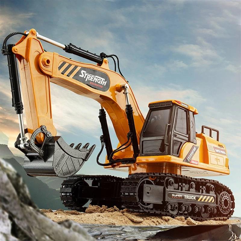 Máy Xúc Điều Khiển Từ Xa Xe Cuốc 6 Kênh Gầu SĂT, Bánh Xích Cao Su, Pin Sạc