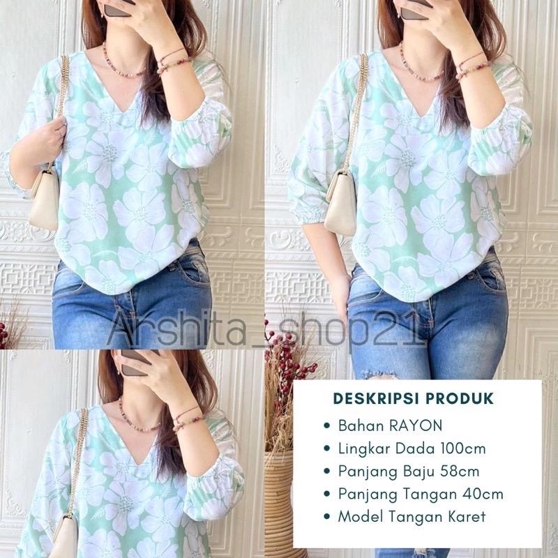 HANA [01] BLOUSE || [B01101] ATASAN WANITA TERLARIS BAHAN RAYON PREMIUM BLOUSE KEKINIAN LEHER V SIMPLE ELEGAN TANGAN 7/8 KARET MOTIF TERBARU