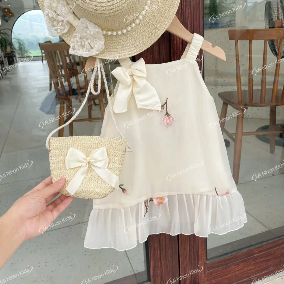 Mi Nhon Kids - (Tặng túi cói) Váy 2 dây tơ thêu hoa xinh xắn cho bé gái