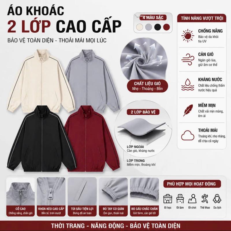 Áo Khoác Gió Dù 2 Lớp Sọc Kẻ Tay,Trượt Nước,Cản Gió,Dành Cho Nam Nữ
