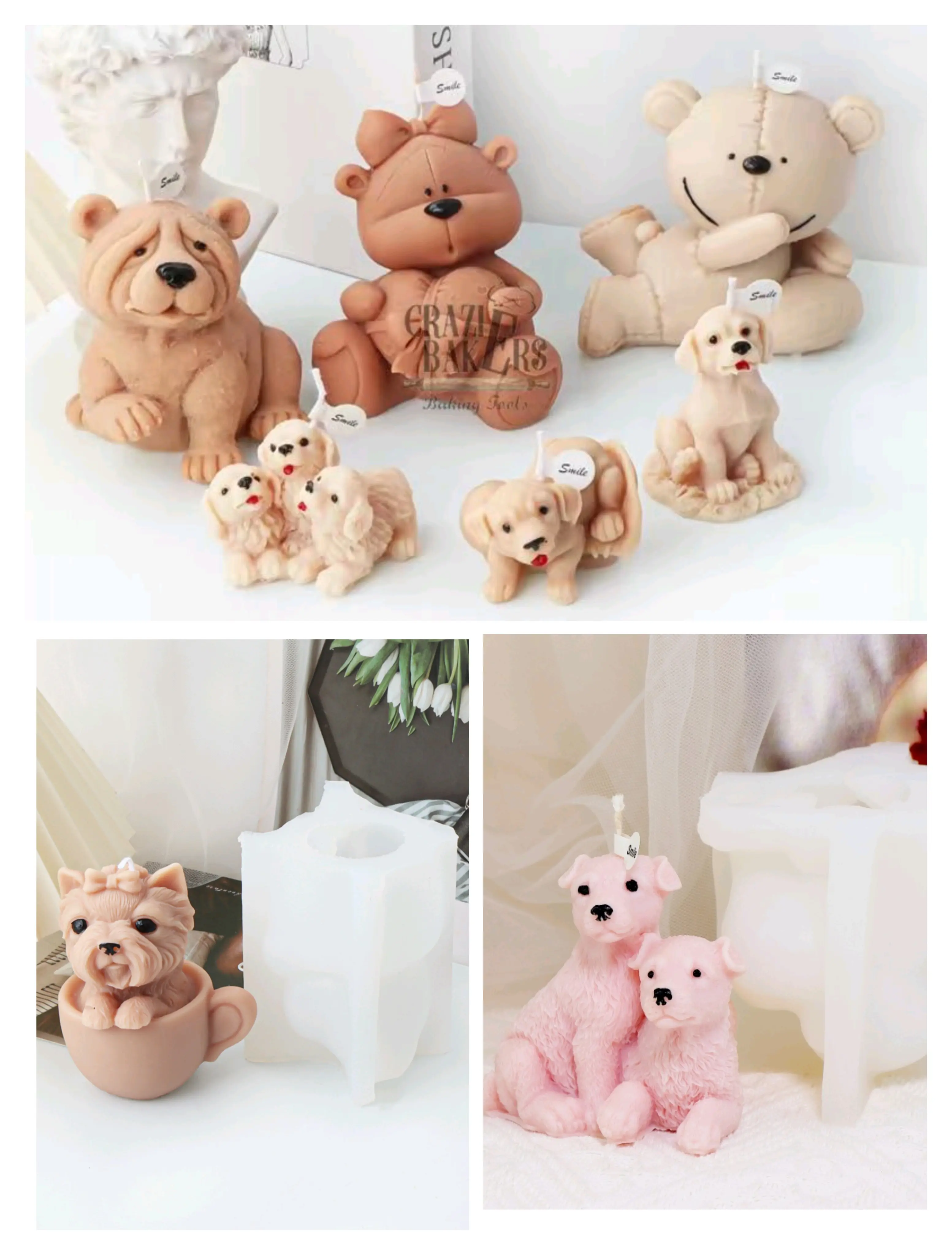 Cetakan Silikon Candle Bow Heart Lying Bear - Cute Dog Puppy Labrador Golden - Bear dan Anjing 3D Mold