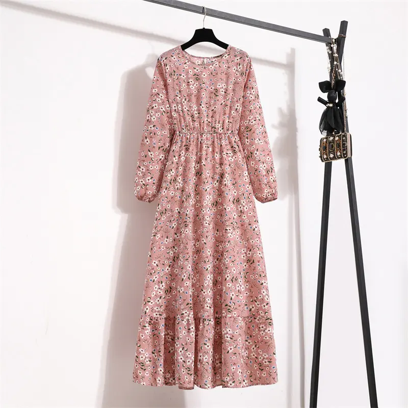 Cross-Border Dried Shrimp Women's Spring High Waist Long Dress Women's Retro Chiffon Printed Floral round Neck Long Sleeve Dress