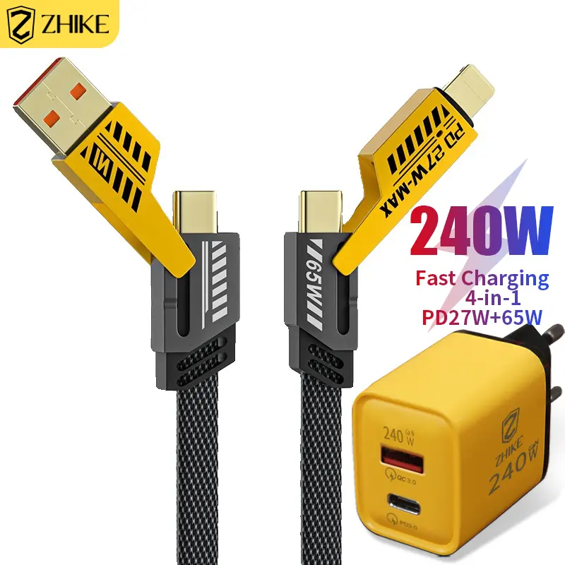 ZHIKE Kabel Data 4 IN 1 PD Fast Charging 27W+65W USB-A to Type-C/iOS Lightning Type-C to Type-C/iOS Dikepang 1M 5A 280W 240W Adaptor GaN Pengisi Cepat Cable Charger Kasar dan Tahan Lama Untuk iPhone Android XIAOMI HUAWEI VIVO OPPO 0