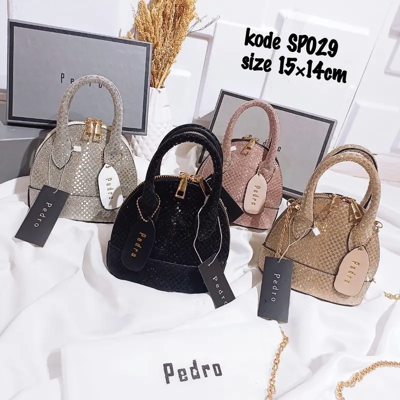 TAS SELEMPANG P*DRO ALMA MINI GLITER KODE SP029 IMPORT + SET BOX ( ADA TALI PANJANG  DALAMAN SUEDE BARCODE NO SERI) 1