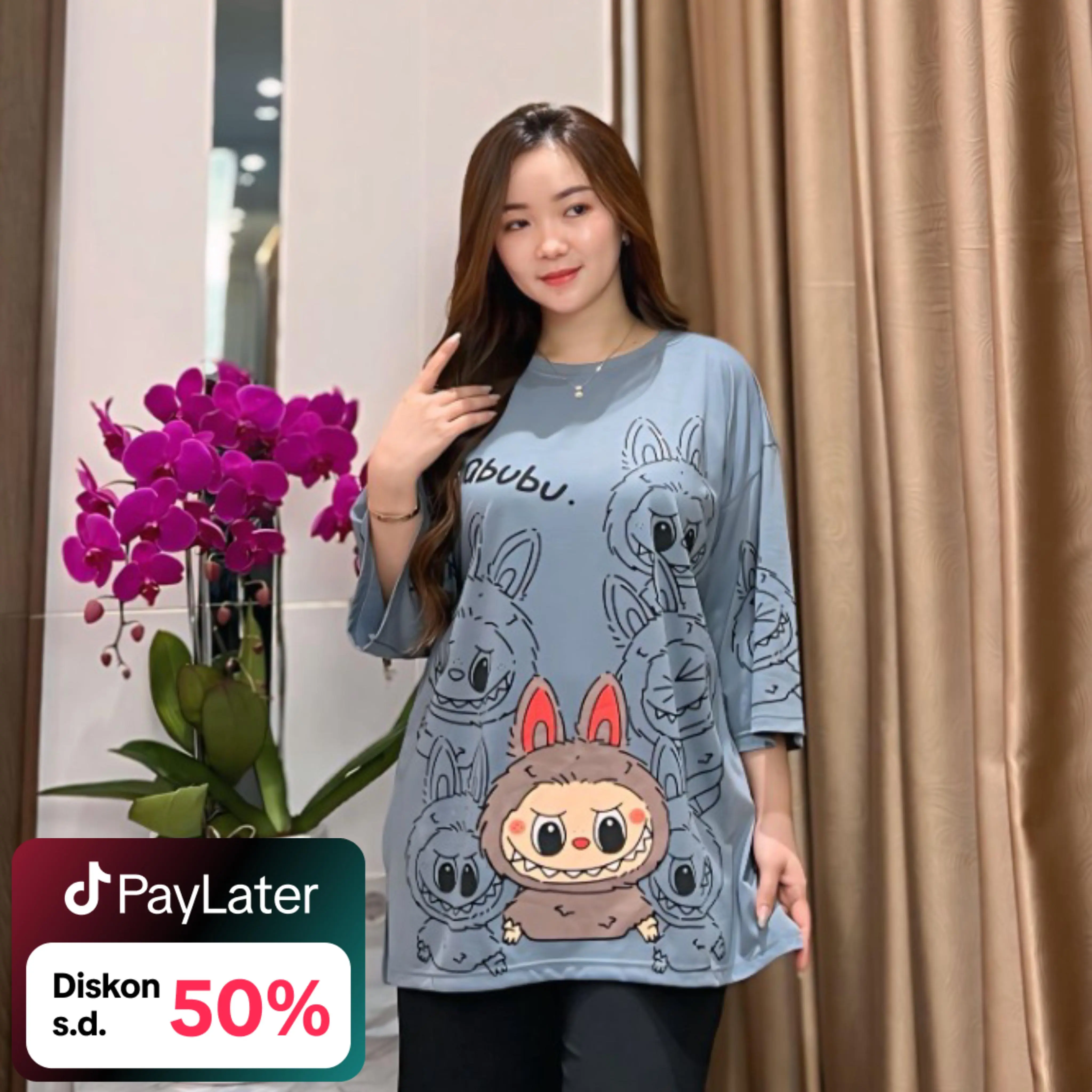 ATASAN WANITA OVERSIZE LD 135CM KAOS WANITA JUMBO SR5208 ATASAN MOTIF LABU LENGAN 3/4