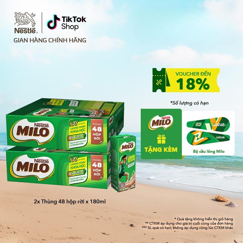 [Voucher giảm thêm đến 50k] Nestlé VN Combo 2 thùng Sữa lúa mạch Nestlé MILO Thùng 48 Hộp Rời x 180ml - LS