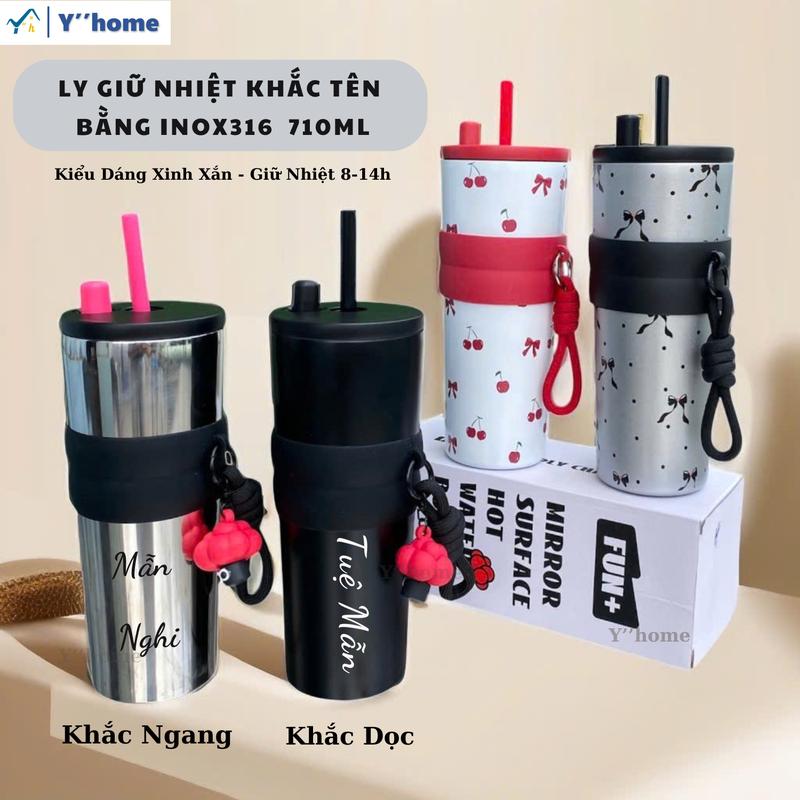 Ly nước giữ nhiệt khắc tên 710ml FUN+ Bằng Inox 316 Phong cách trẻ trung có ống hút và nắp đậy ống hút Dây xách tiện lợi xịn sò dễ mang theo 7 Ngày Đổi Trả!