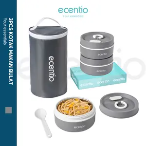 【in stock】【crehom exclusive】ecentio lunch box tas set 3pcs Kotak Makan anti tumpah 304 Stainless Steel tas bekal dan free sumpit Kitchenware
