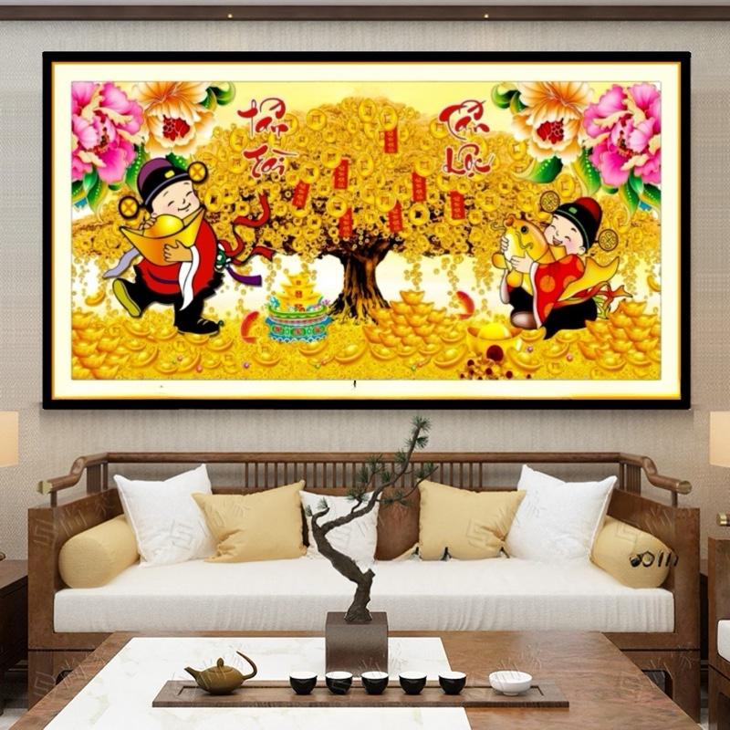  Tranh THÊU kín cây tiền vàng KT:120x65cm ,tranh chưa thêu và chưa khung.Tặng kéo và xỏ chỉ. 