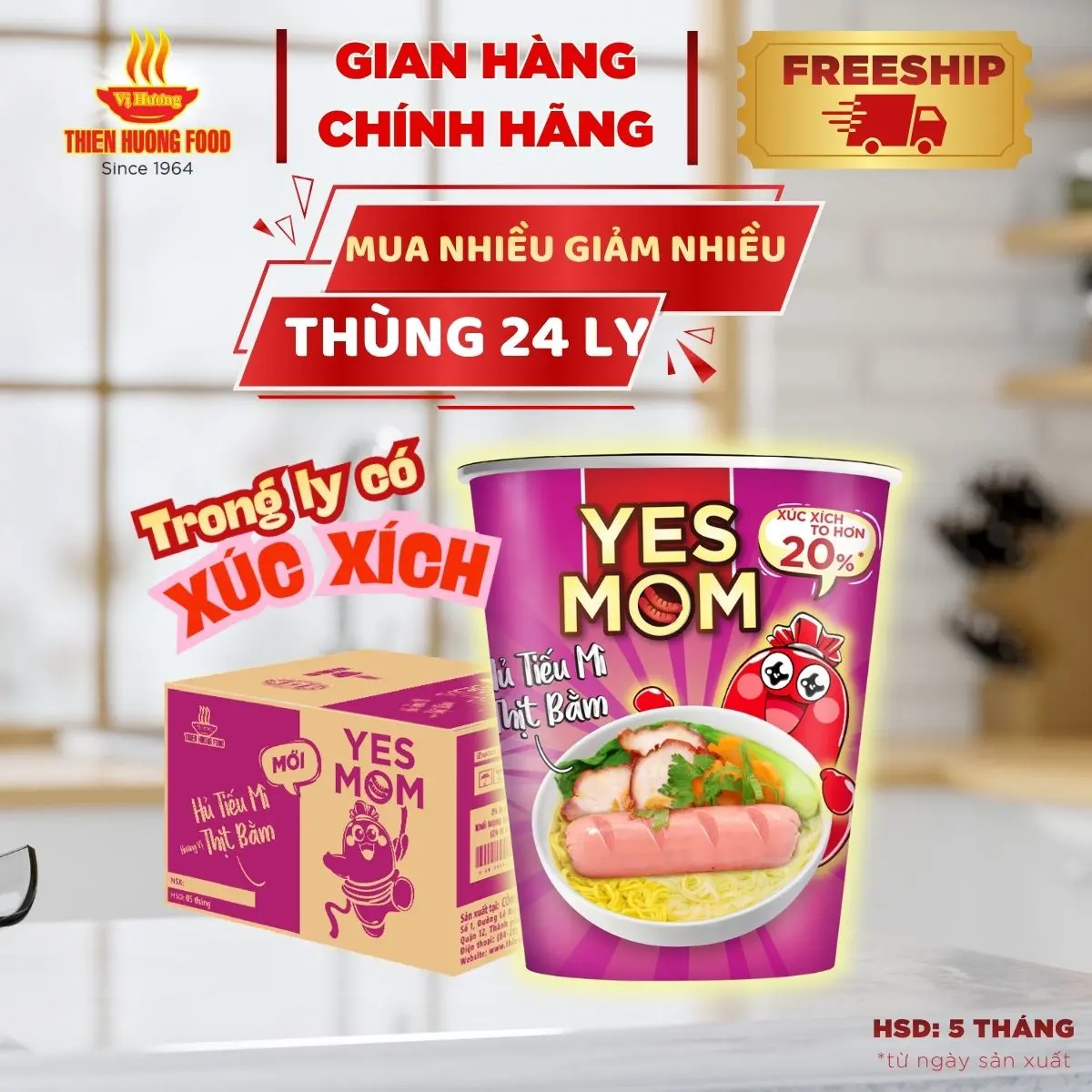 CÓ XÚC XÍCH VÀ VẮT HỦ TIẾU TRONG LY - Thùng 24 Ly Hủ Tiếu Mì Thịt Bằm Yes Mom Có Xúc Xích 79.2gram/ly