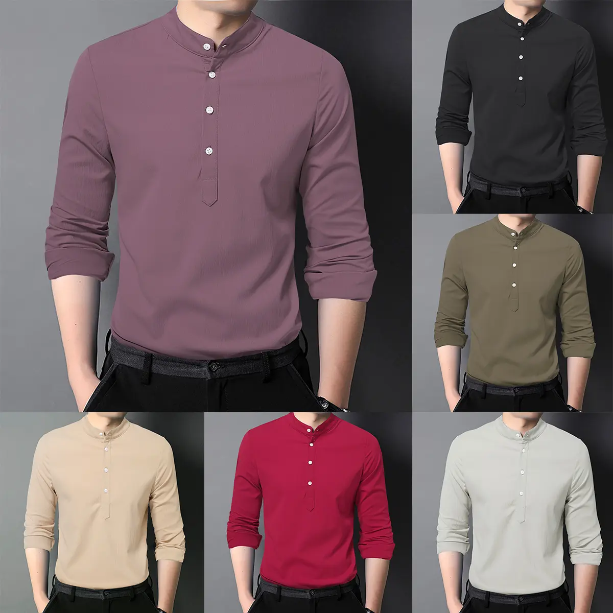 Áo Cánh Ngoại Cỡ Cho Nam, Áo Sơ Mi Dài Tay, Trơn, Cotton, Dáng Ôm, Hồi Giáo