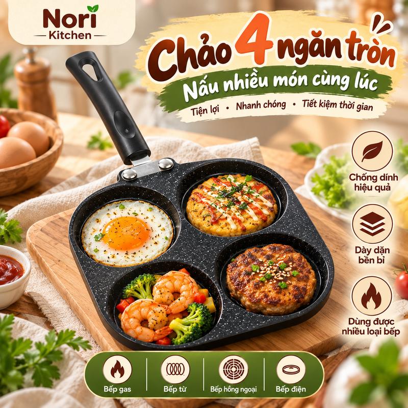 Chảo Chống Dính 4 Ngăn, Chảo Chiên Trứng Xúc Xích Pancake Đa Năng, Nấu Nhiều Món Cùng Lúc Cho Bữa Sáng Gia Đình
