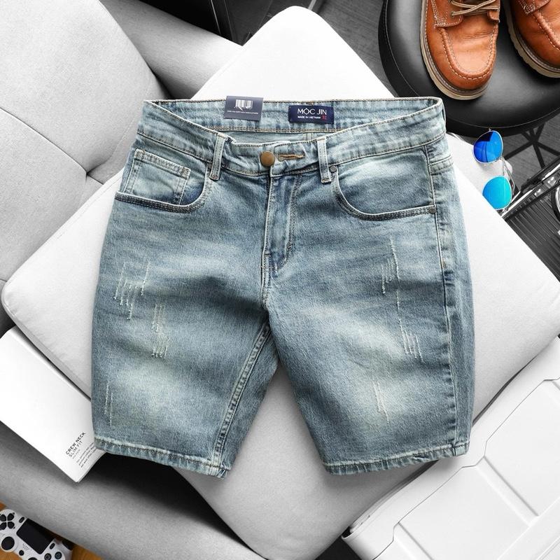 Quần short jean nam túi chéo đơn giản ống suông nhẹ xanh đá trơn VNXK Menswear
