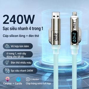 Cáp sạc nhanh 240W 4 trong 1, hiển thị số thông minh, silicone lỏng cao cấp, hỗ trợ Android và iPhone