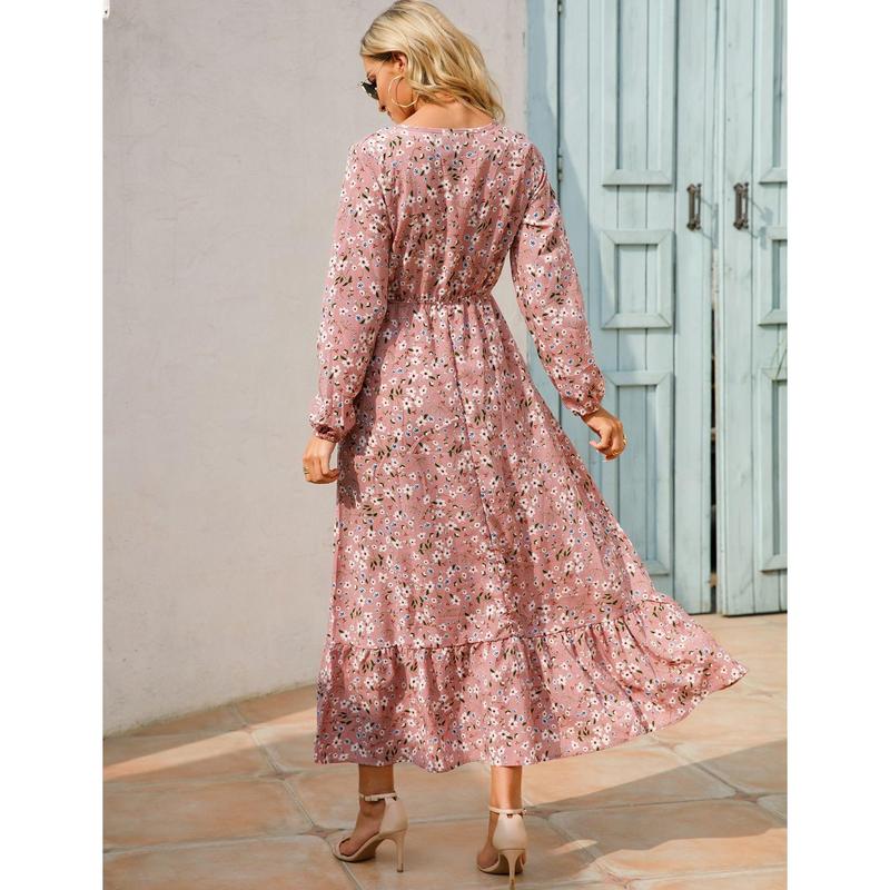 Cross-Border Foreign Trade Spring and Autumn Floral Chiffon Dress Waist-Controlled Slimming Long Sleeve round-Neck Long Printed Dress Women's 8
