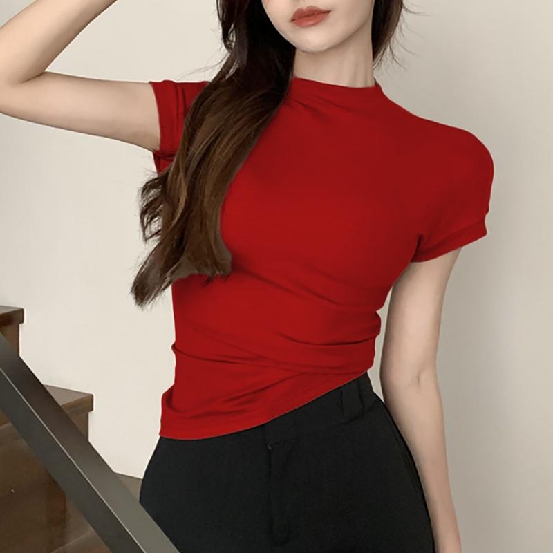 Kaus Kerah Tinggi Berusuk Coklat Muda Retro Kaus Pendek Ketat Modis Gaya Korea Atasan Wanita Baru Baju Jersey 6