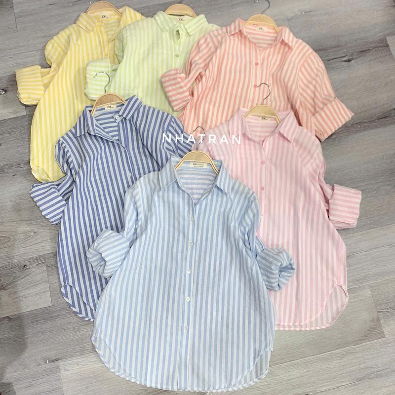 [LIVE] PHOM VỪA CHẤT THÔ MỎNG - Áo sơ mi nữ cổ bẻ tay dài sọc kẻ phom rộng vừa Top Women Pastel
