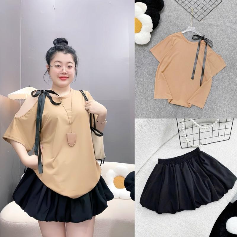 Set Bigsize (CÓ LẺ ÁO / VÁY) Áo Phông Form Rộng Lệch Vai Mix Dây Ruy Băng, Vải Cotton 4c Phối Chân Váy Bí Ngô Dễ Thương Cho Nữ Chuppy (50-92Kg)- A302 CV413