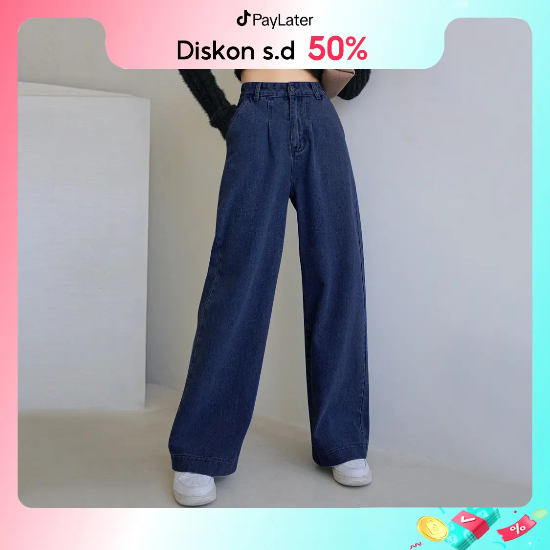 2217# Celana Jeans Cewek Wide Legs Vintage Highwaist Loose Straight Mopping Long Pants Wanita