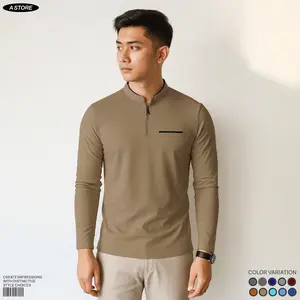 Kaos Kerah Shanghai Zipper Pria Lengan Panjang Saku Dada- Kaos Koko Resleting Pria Lengan Panjang Premium Distro