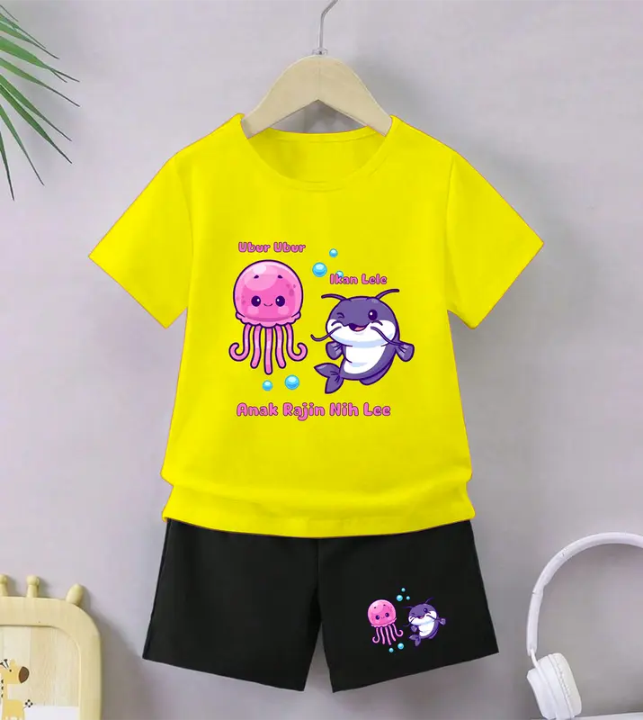 Luwi Kids Setelan Anak Celana Hitam Cewek Cowok Gambar Ubur Ubur Ikan Lele Celana Fashion set Baju 3