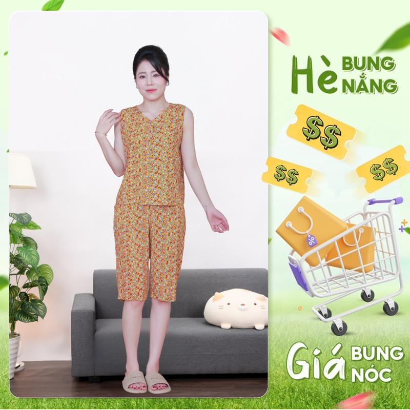 Đồ Bộ Lửng Trung Niên Cho Mẹ AHOA Áo Sát Nách, Bộ Lanh Mặc Nhà Nữ Hoa Nhí, Đồ Bộ Tole Trung Niên Quần Lửng Mùa Hè BL7