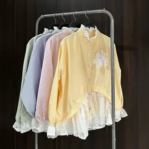 DIYSA Kemeja Wanita Stripe Lace Cotton Oversize Baju Casual Crop Top Kaos Kerah Patch Akademik