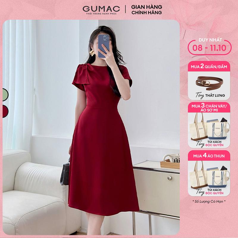 [MUA 2 TẶNG THẮT LƯNG] Đầm nữ thiết kế dáng A xòe kiểu vai xếp ly đính nút sang trọng thanh lịch thời trang GUMAC LDE1108