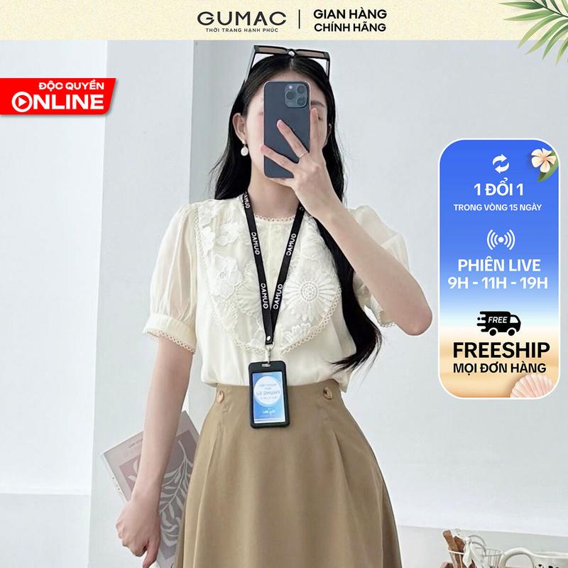 GUMAC - Áo tay phồng phối ren LAE0825 Sơ Mi Shirt Kem Women Nữ Top Cổ Tròn