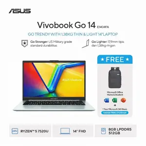 ASUS Vivobook Go 14 E1404FA-VIPS5852M Ryzen 5 7520U 8GB 512GB W11 OHS Microsoft 365 Basic Green Grey