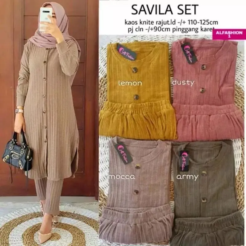 Savila set baju muslim terbaru - setelan wanita baju tunik jumbo full kancing Celana Panjang Kulot 1