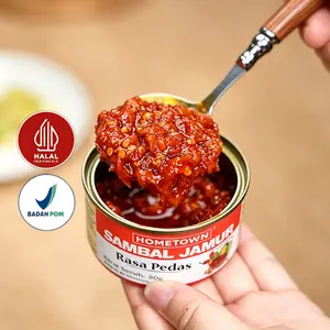 HOMETOWN Sambal Jamur Rasa Pedas 80gr 5 Kaleng- Praktis Higienis Lezat, Cita Rasa Pedas Gurih Autentik, Kemasan Portabel untuk Bekal & Santai Sehari-hari